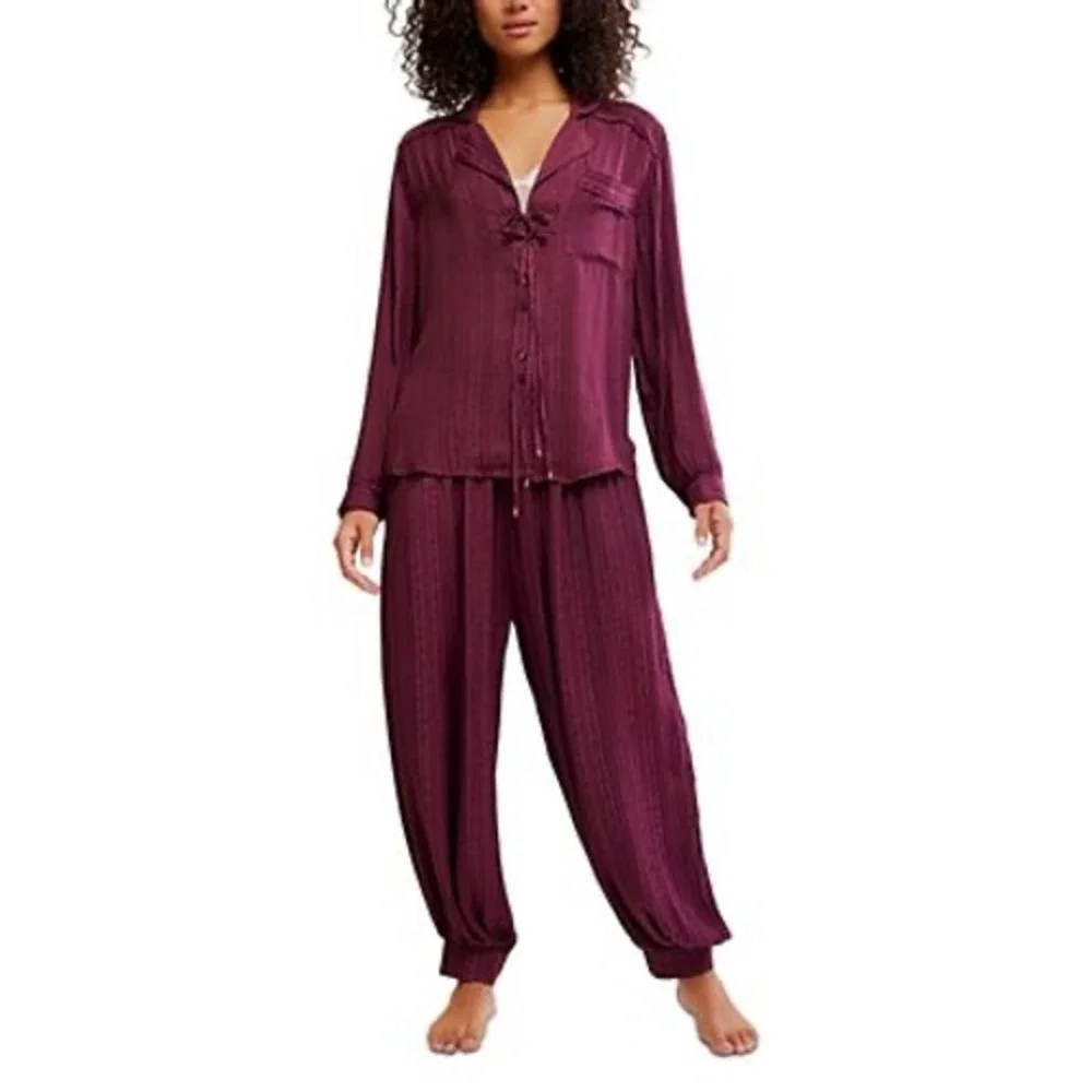 Free People Intimately Jacquard Floral Pajama Set burgundy Harem Pant